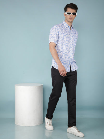 Blue Floral Print Linen Shirt-Men Shirts-Crimsoune Club