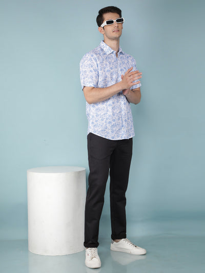 Blue Floral Print Linen Shirt-Men Shirts-Crimsoune Club