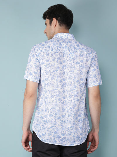 Blue Floral Print Linen Shirt-Men Shirts-Crimsoune Club