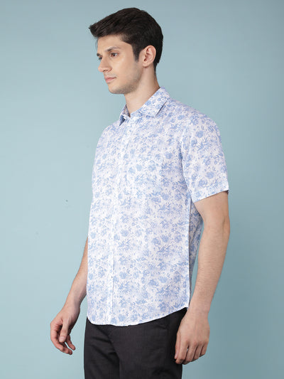 Blue Floral Print Linen Shirt-Men Shirts-Crimsoune Club