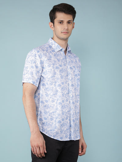 Blue Floral Print Linen Shirt-Men Shirts-Crimsoune Club