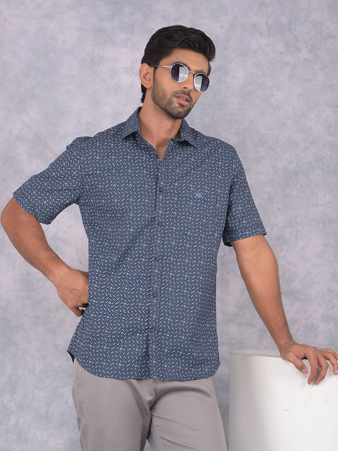 Navy Blue Printed 100% Cotton Shirt-Men Shirts-Crimsoune Club