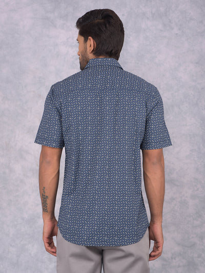 Navy Blue Printed 100% Cotton Shirt-Men Shirts-Crimsoune Club