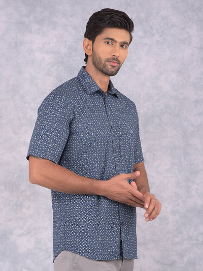 Navy Blue Printed 100% Cotton Shirt-Men Shirts-Crimsoune Club