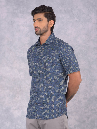 Navy Blue Printed 100% Cotton Shirt-Men Shirts-Crimsoune Club