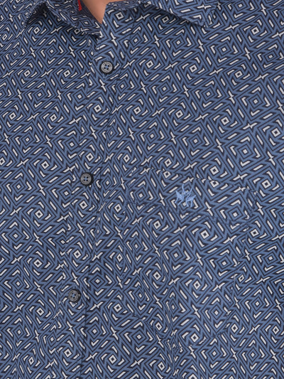 Navy Blue Printed 100% Cotton Shirt-Men Shirts-Crimsoune Club