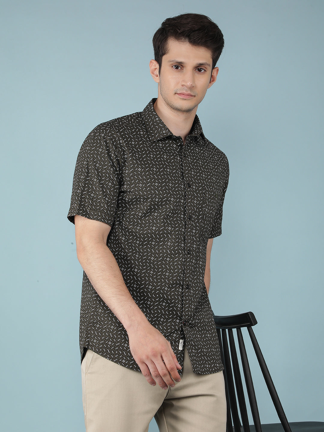 Olive Printed 100% Cotton Shirt-Men Shirts-Crimsoune Club