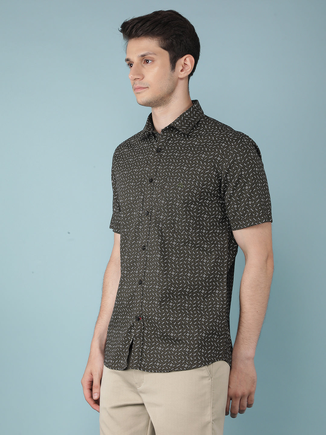 Olive Printed 100% Cotton Shirt-Men Shirts-Crimsoune Club