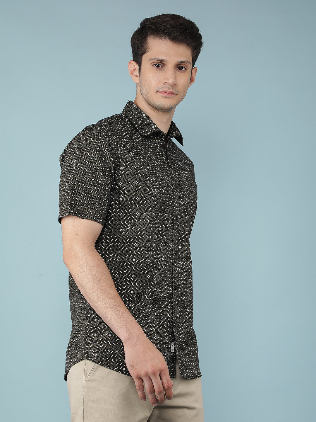 Olive Printed 100% Cotton Shirt-Men Shirts-Crimsoune Club