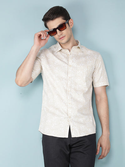 Beige Floral Print 100% Cotton Shirt-Men Shirts-Crimsoune Club