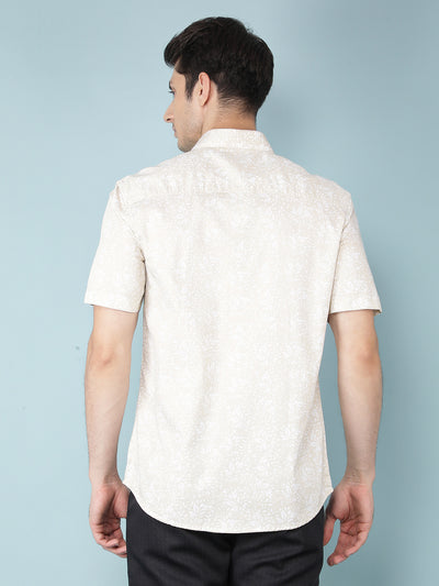 Beige Floral Print 100% Cotton Shirt-Men Shirts-Crimsoune Club