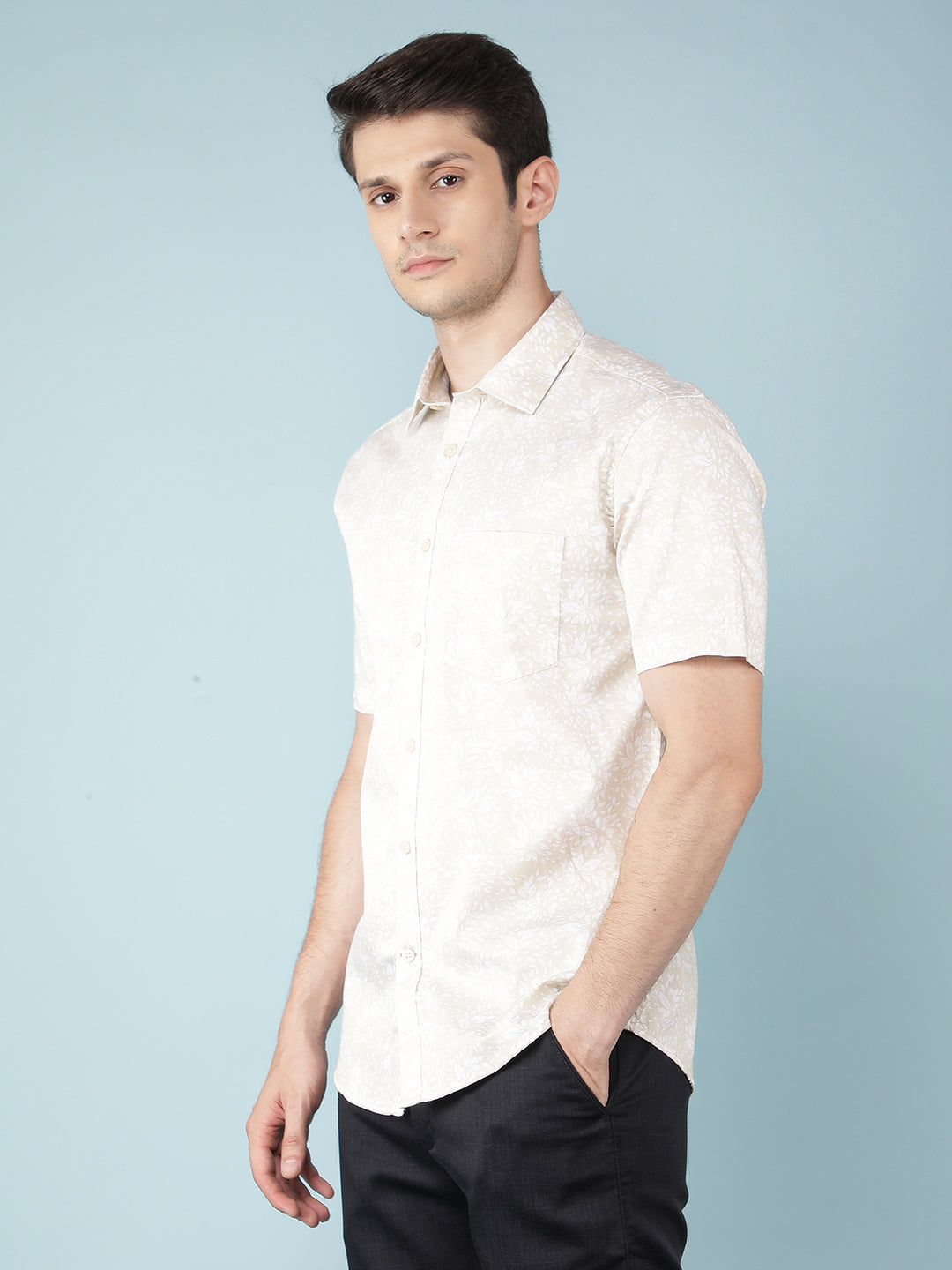 Beige Floral Print 100% Cotton Shirt-Men Shirts-Crimsoune Club