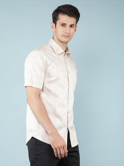 Beige Floral Print 100% Cotton Shirt-Men Shirts-Crimsoune Club