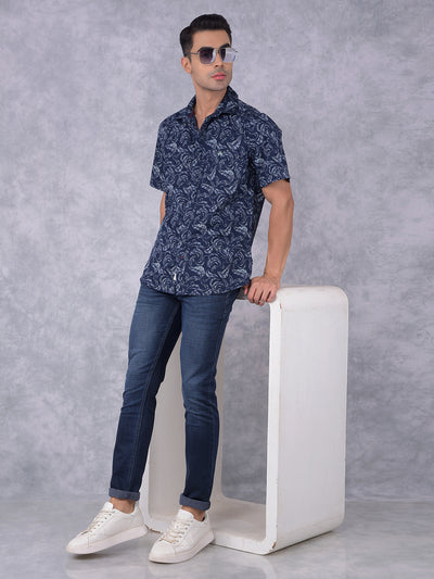 Navy Blue Floral Print 100% Cotton Shirt-Men Shirts-Crimsoune Club