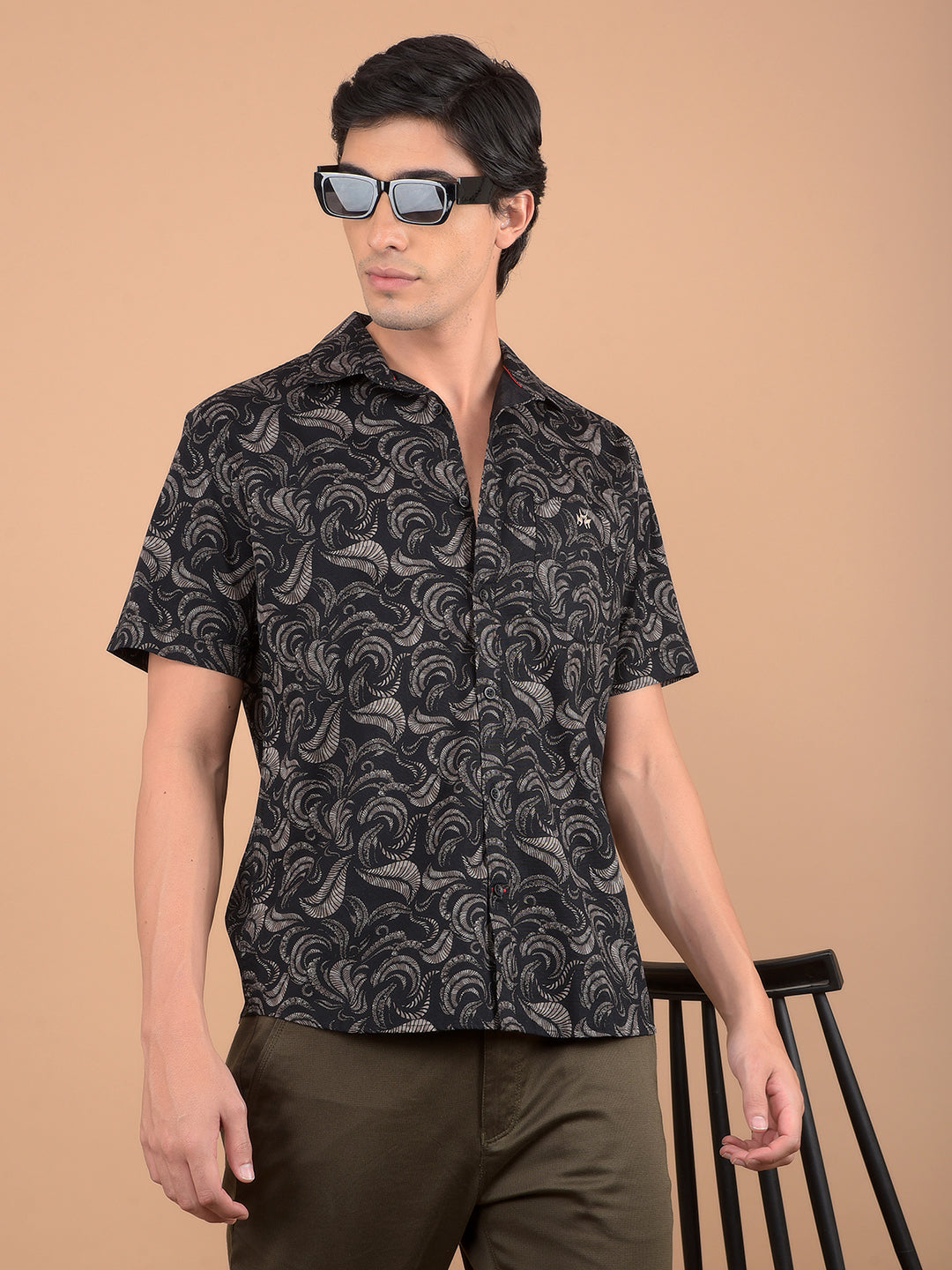 Black Floral Print 100% Cotton Shirt-Men Shirts-Crimsoune Club