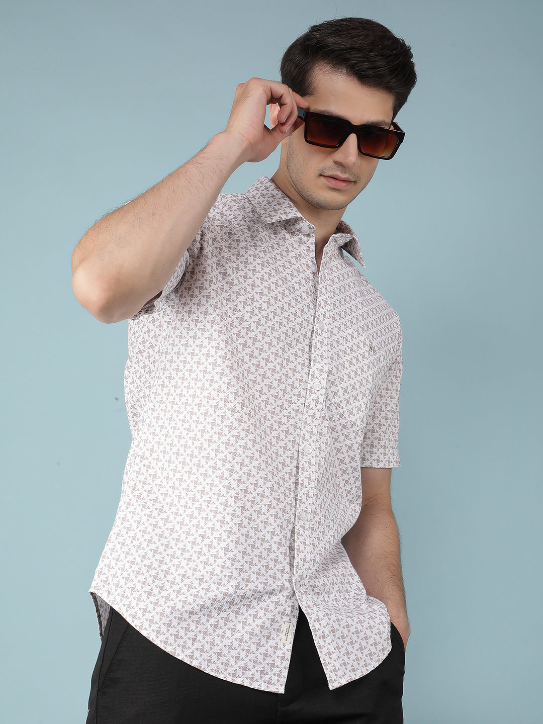 Beige Printed 100% Cotton Shirt-Men Shirts-Crimsoune Club