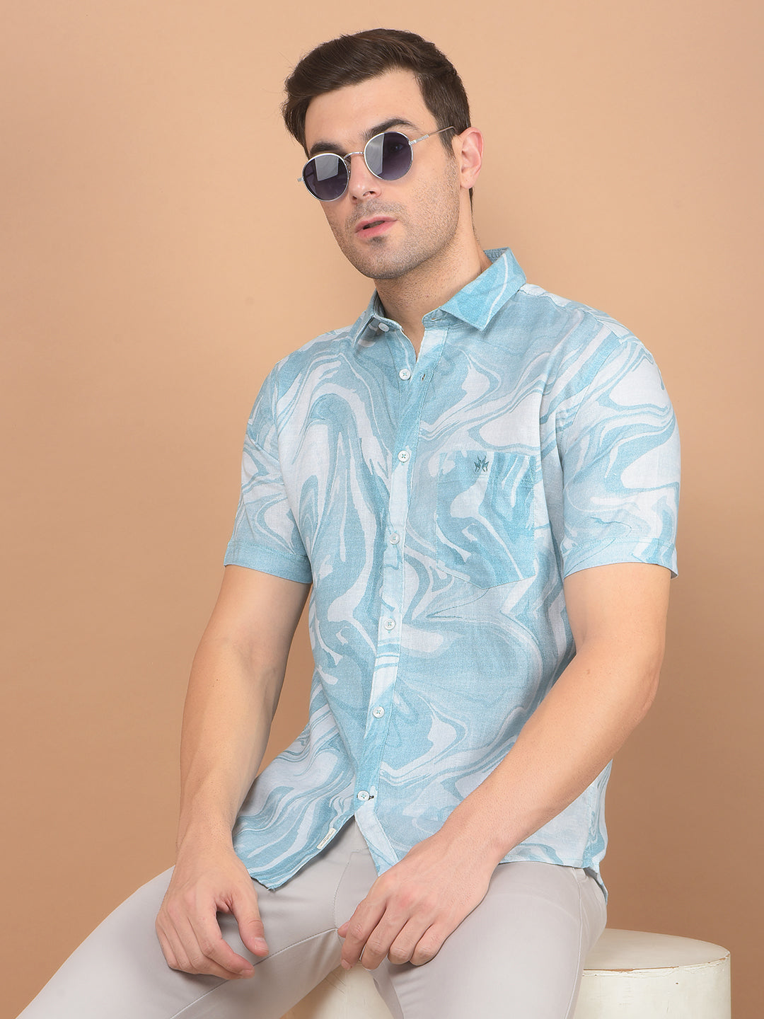 Blue Printed Linen Shirt-Men Shirts-Crimsoune Club