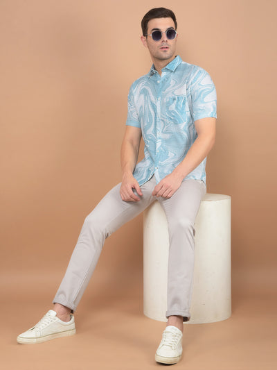 Blue Printed Linen Shirt-Men Shirts-Crimsoune Club