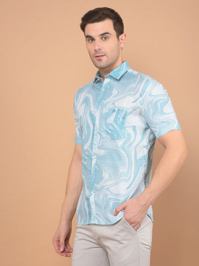 Blue Printed Linen Shirt-Men Shirts-Crimsoune Club