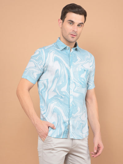 Blue Printed Linen Shirt-Men Shirts-Crimsoune Club