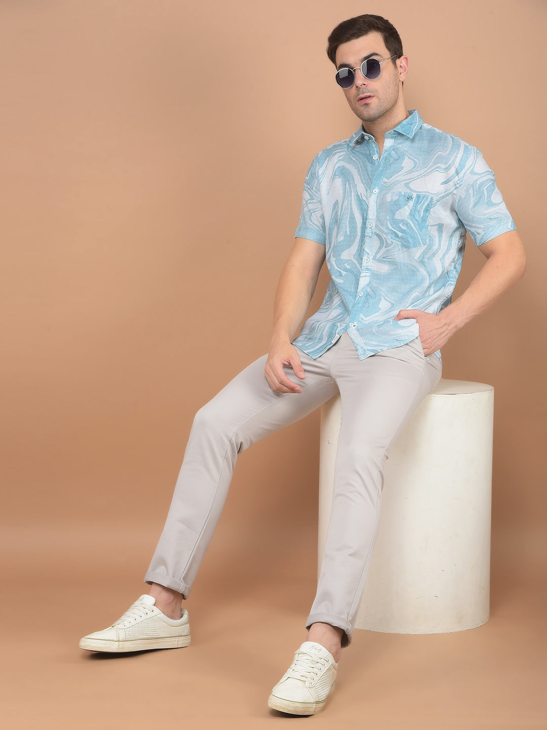 Blue Printed Linen Shirt-Men Shirts-Crimsoune Club