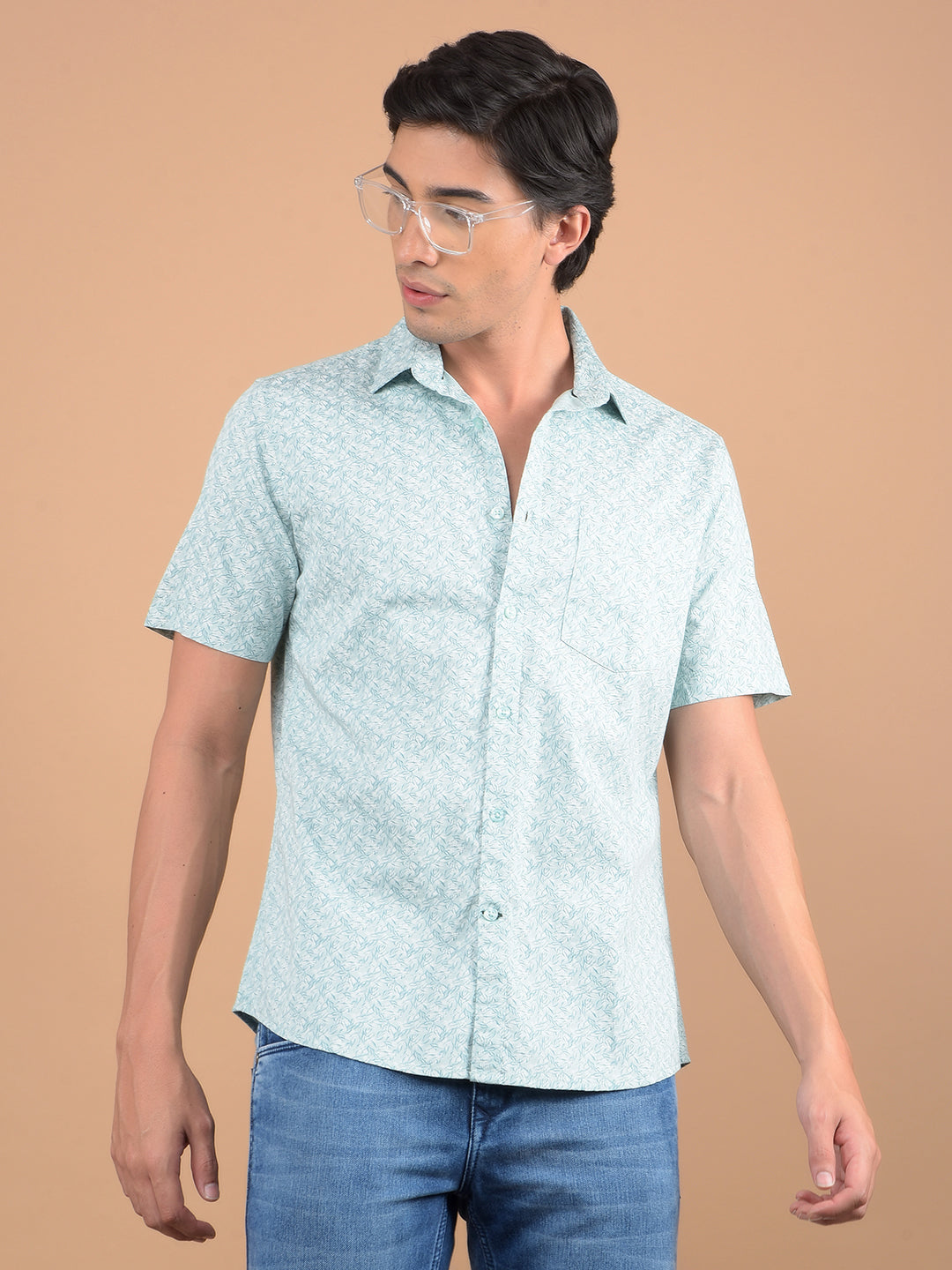 Green Floral Print 100% Cotton Shirt-Men Shirts-Crimsoune Club