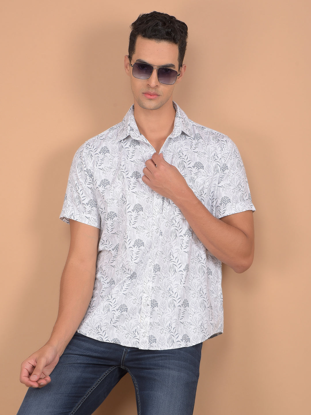 Grey Floral Print 100% Cotton Shirt-Men Shirts-Crimsoune Club