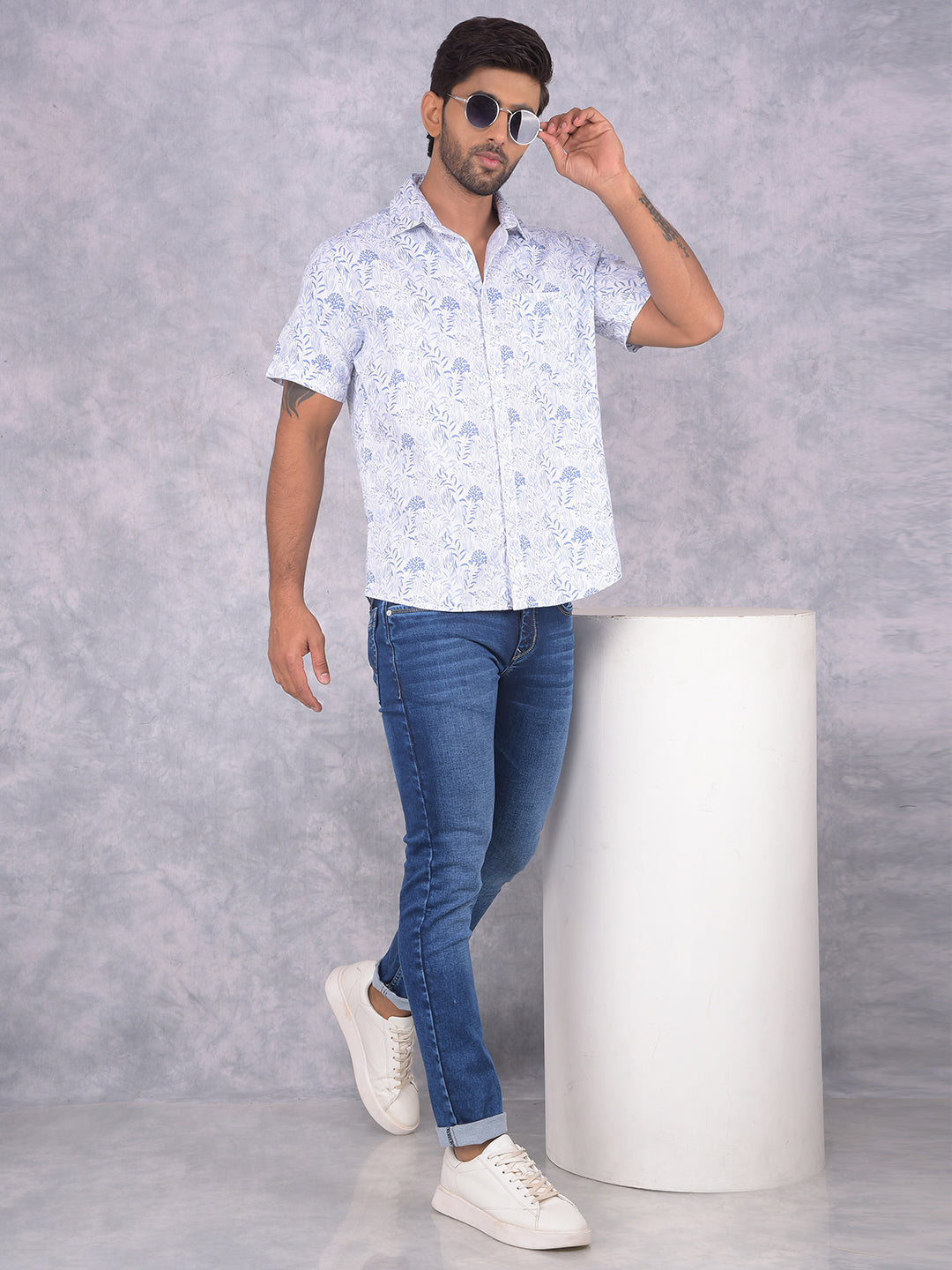 Blue Floral Print 100% Cotton Shirt-Men Shirts-Crimsoune Club