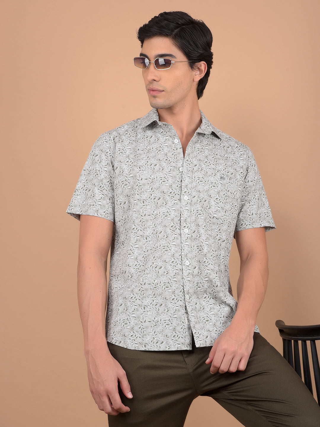 Grey Floral Print 100% Cotton Shirt-Men Shirts-Crimsoune Club