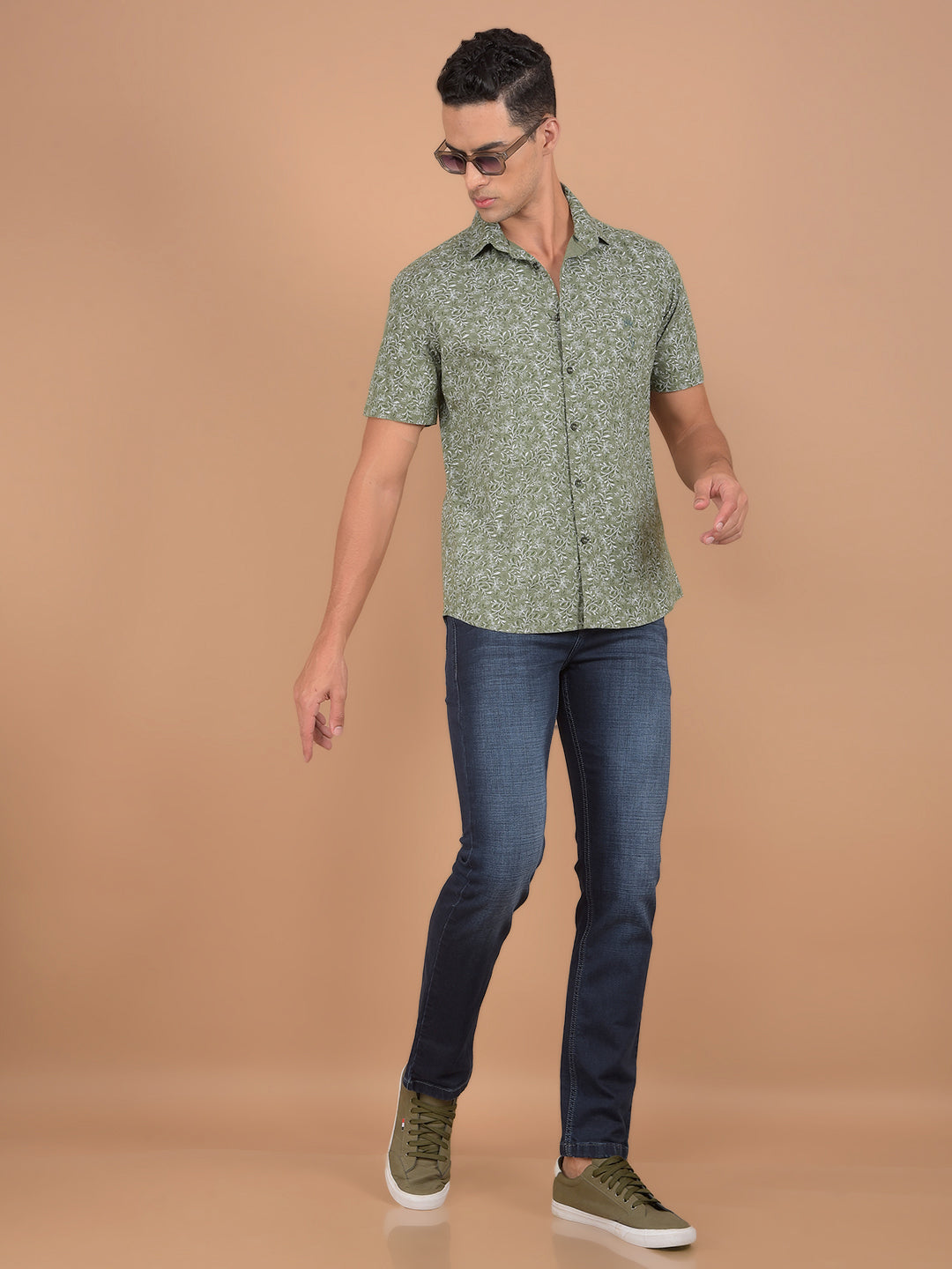 Green Floral Print 100% Cotton Shirt-Men Shirts-Crimsoune Club