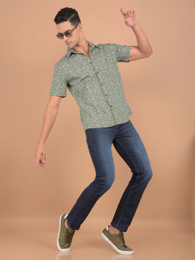 Green Floral Print 100% Cotton Shirt-Men Shirts-Crimsoune Club