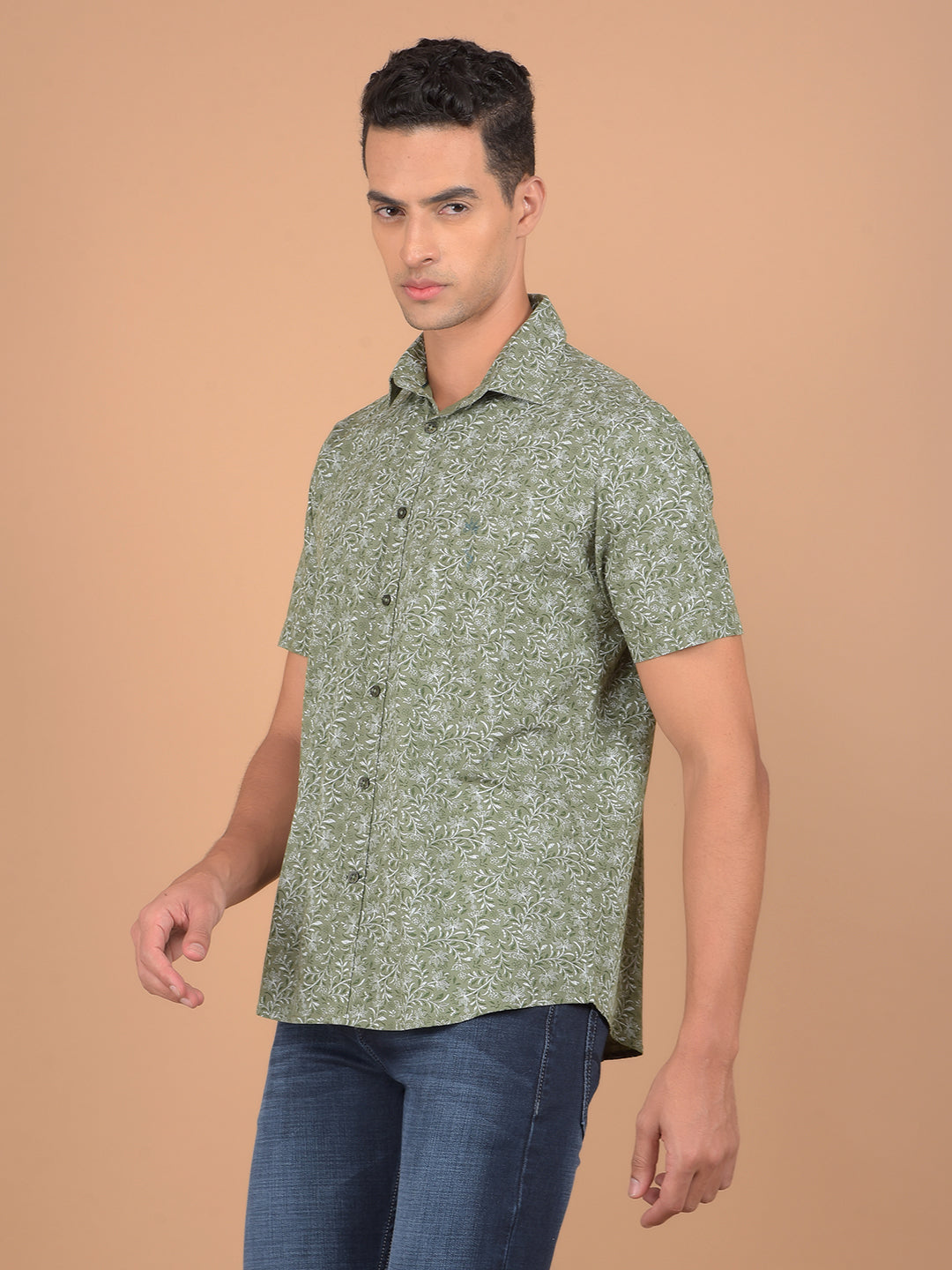 Green Floral Print 100% Cotton Shirt-Men Shirts-Crimsoune Club