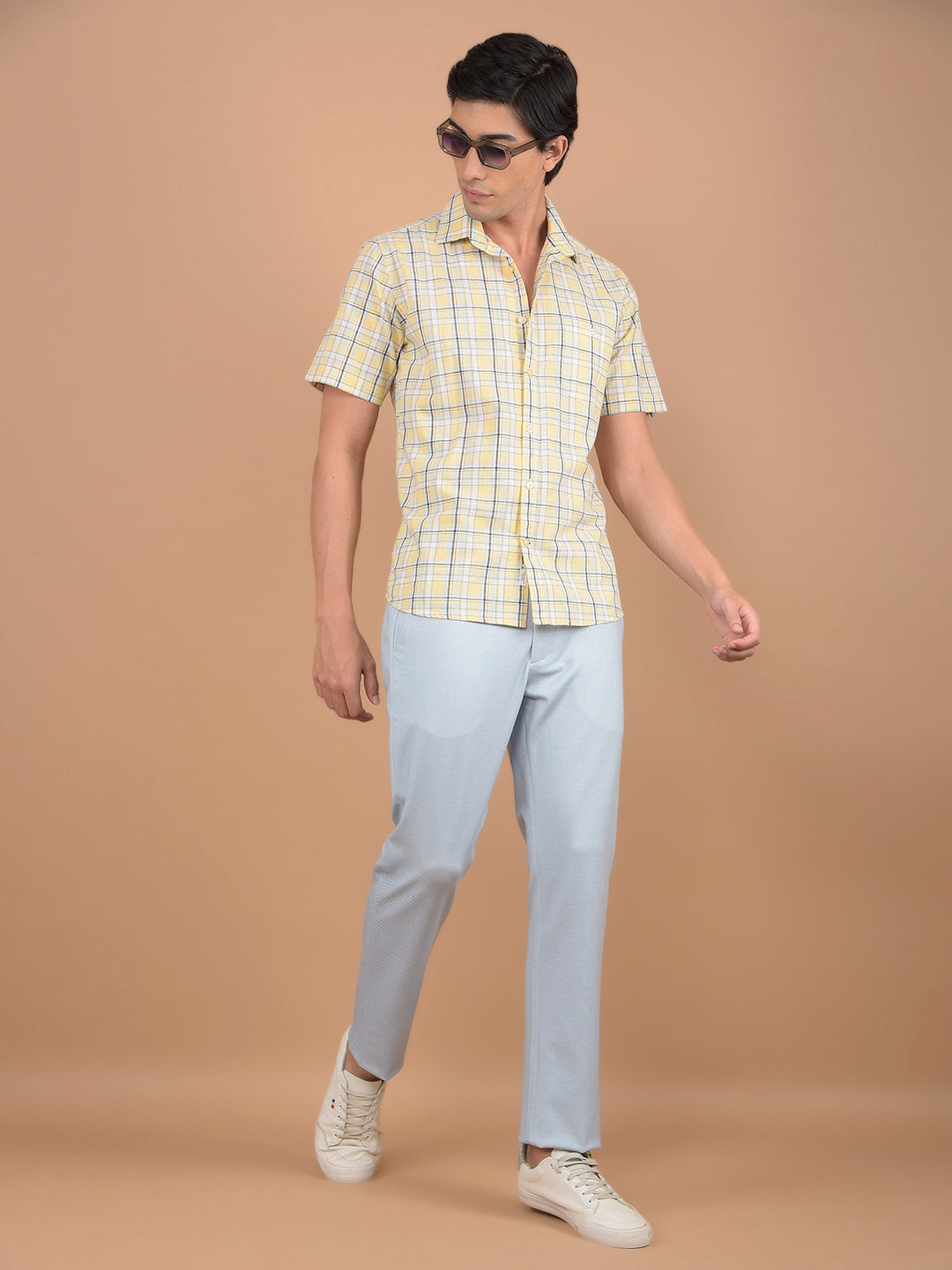 Yellow Checked 100% Cotton Shirt-Men Shirts-Crimsoune Club