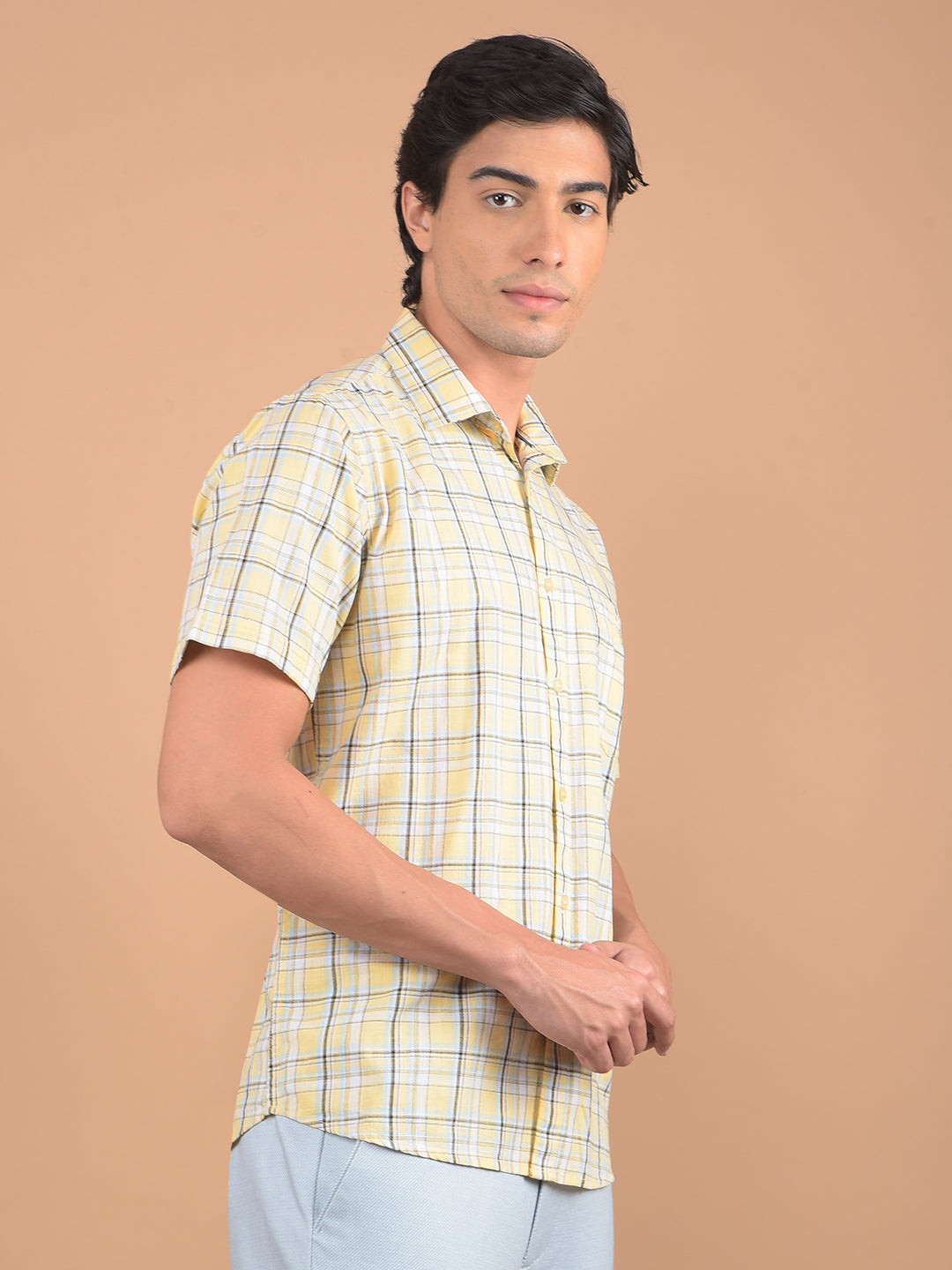 Yellow Checked 100% Cotton Shirt-Men Shirts-Crimsoune Club