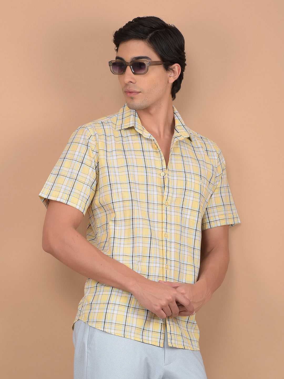 Yellow Checked 100% Cotton Shirt-Men Shirts-Crimsoune Club