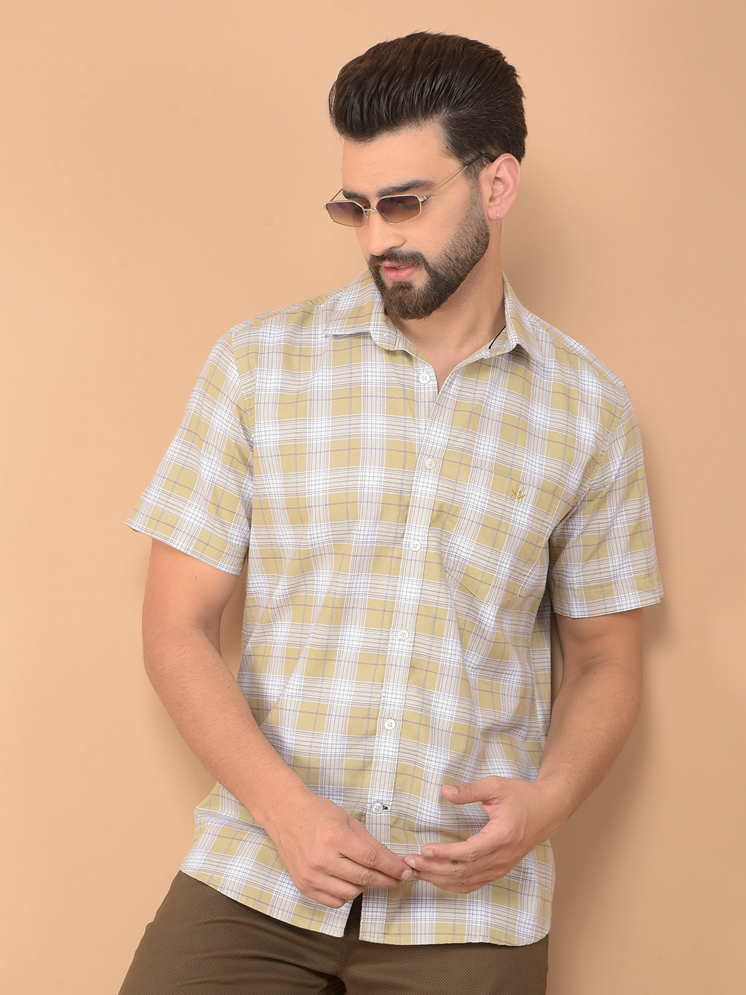 Khaki Checked 100% Cotton Shirt-Men Shirts-Crimsoune Club