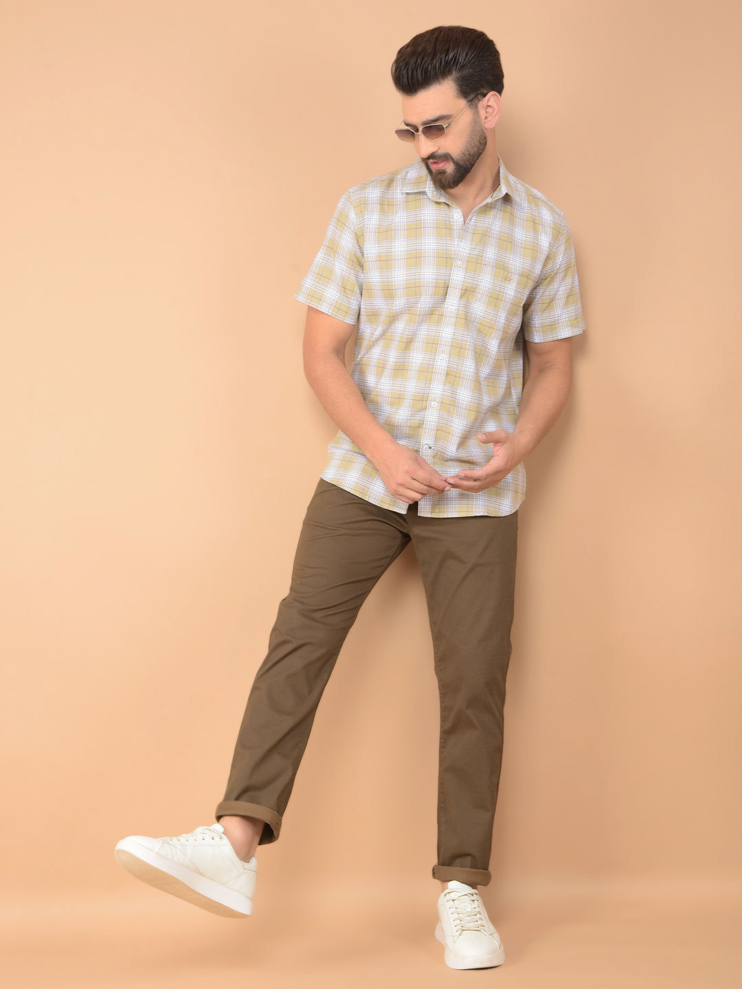 Khaki Checked 100% Cotton Shirt-Men Shirts-Crimsoune Club