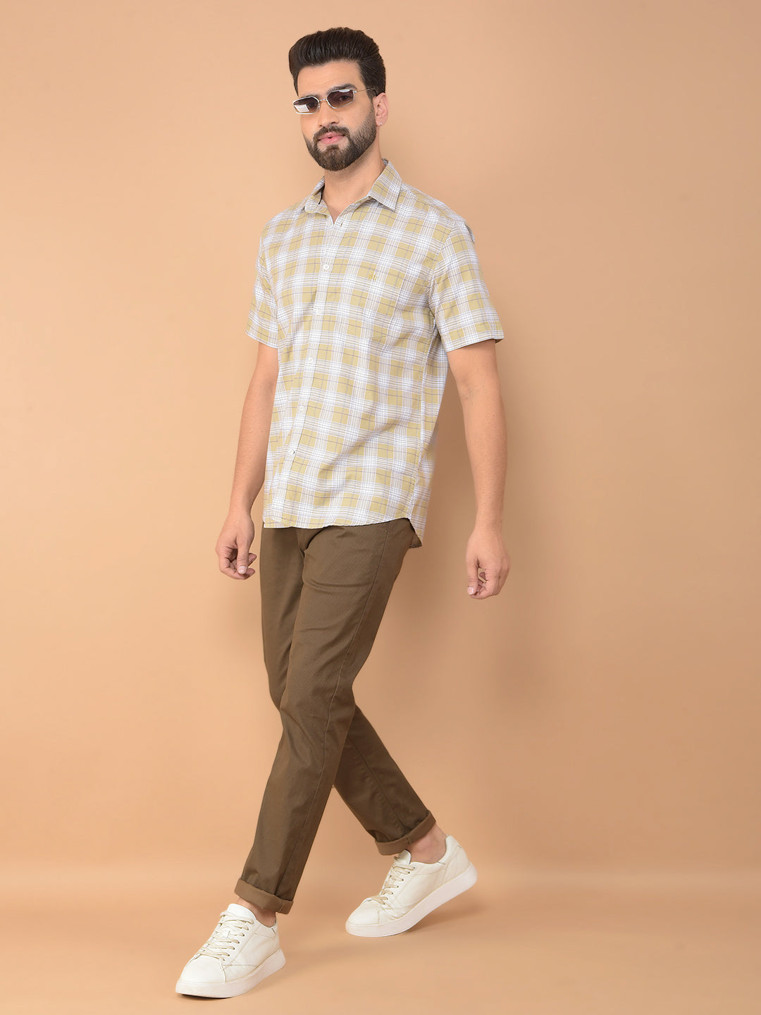 Khaki Checked 100% Cotton Shirt-Men Shirts-Crimsoune Club