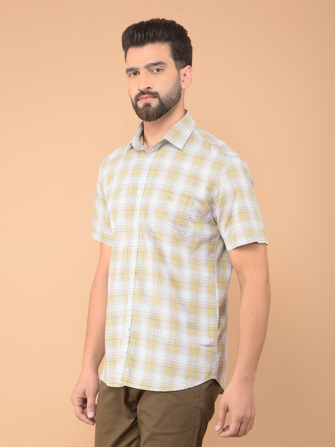 Khaki Checked 100% Cotton Shirt-Men Shirts-Crimsoune Club