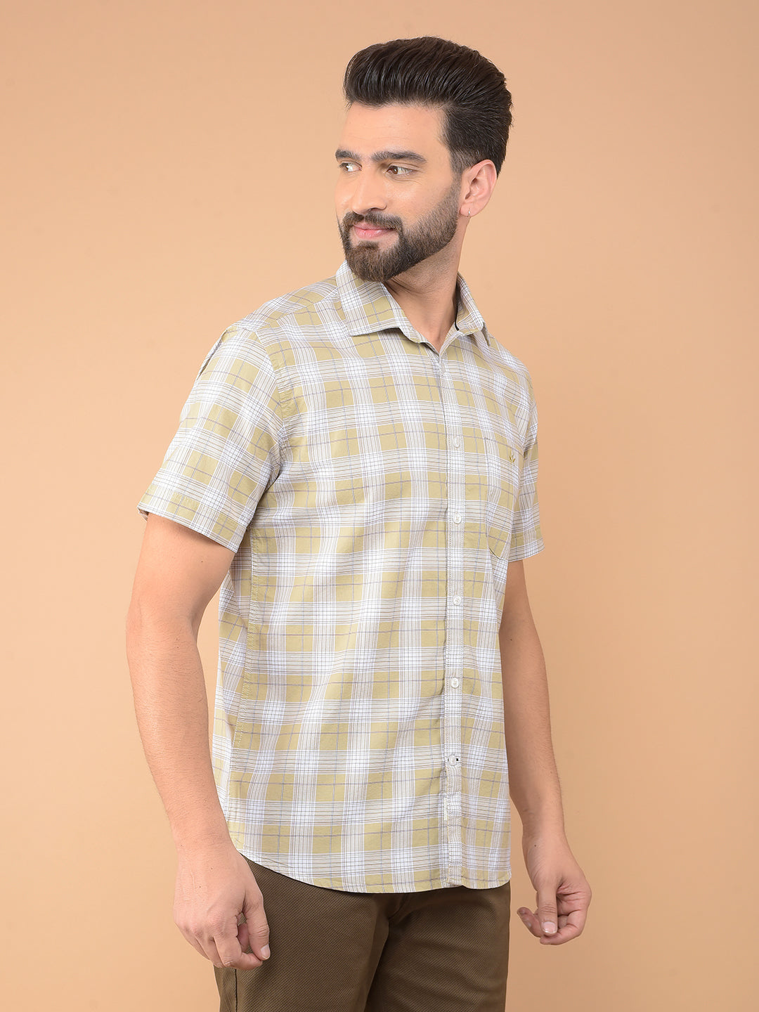 Khaki Checked 100% Cotton Shirt-Men Shirts-Crimsoune Club