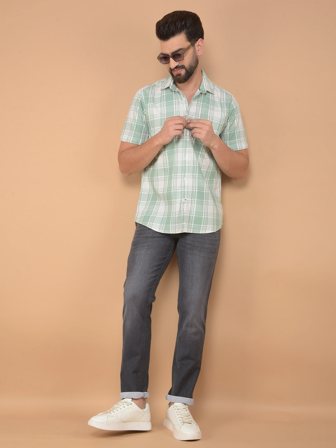 Green Checked 100% Cotton Shirt-Men Shirts-Crimsoune Club