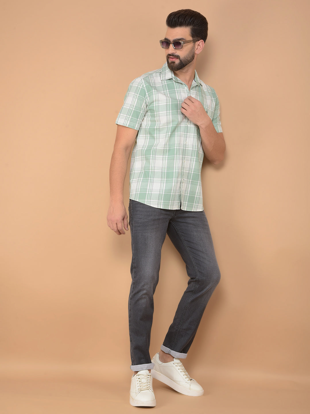 Green Checked 100% Cotton Shirt-Men Shirts-Crimsoune Club