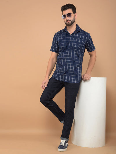 Navy Blue Checked 100% Cotton Shirt-Men Shirts-Crimsoune Club