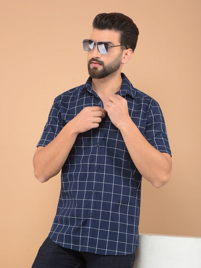 Navy Blue Checked 100% Cotton Shirt-Men Shirts-Crimsoune Club