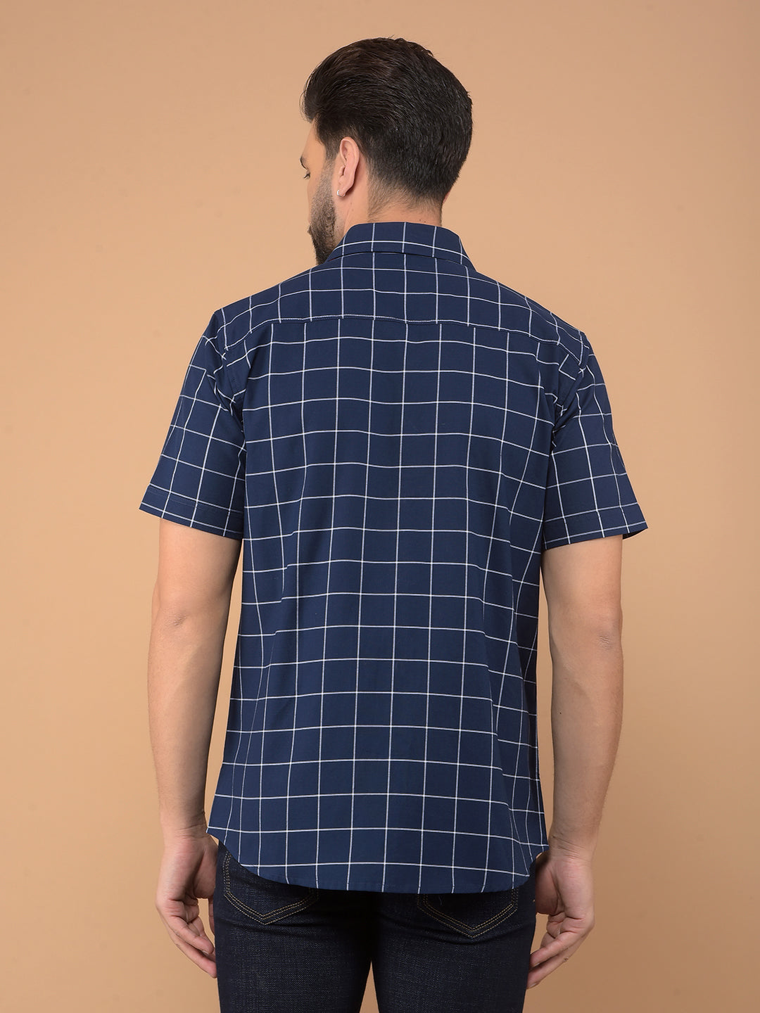 Navy Blue Checked 100% Cotton Shirt-Men Shirts-Crimsoune Club