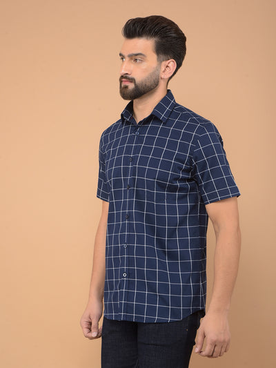 Navy Blue Checked 100% Cotton Shirt-Men Shirts-Crimsoune Club