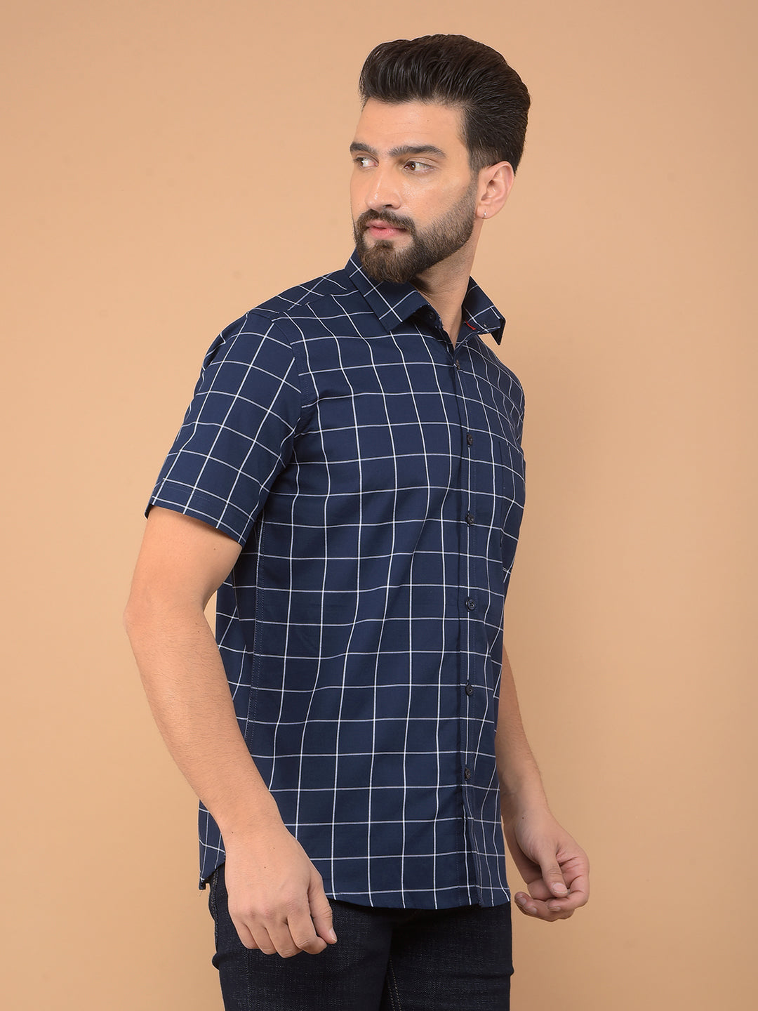 Navy Blue Checked 100% Cotton Shirt-Men Shirts-Crimsoune Club