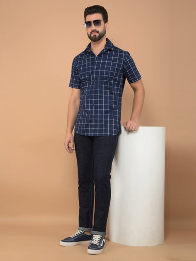 Navy Blue Checked 100% Cotton Shirt-Men Shirts-Crimsoune Club