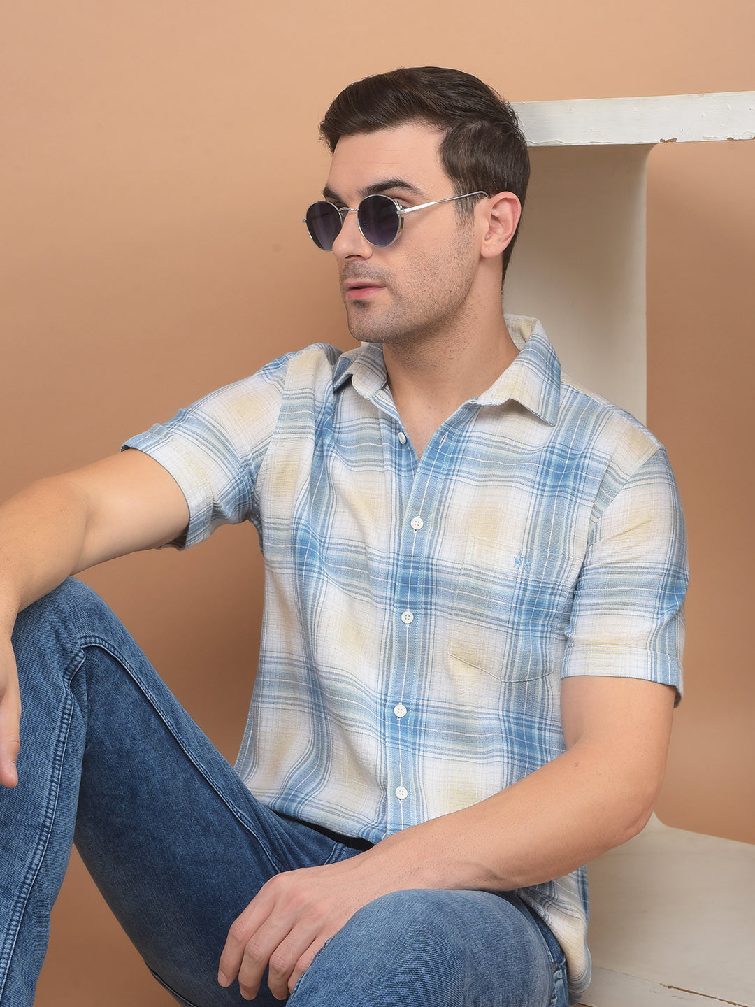 Blue Checked Linen Shirt-Men Shirts-Crimsoune Club