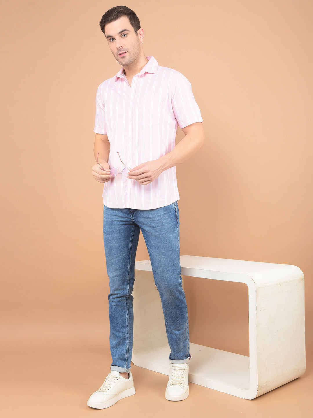 Pink Vertical Striped 100% Cotton Shirt-Men Shirts-Crimsoune Club